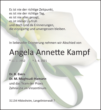 Traueranzeige von Angela Annette Kampf von Hildesheimer Allgemeine Zeitung