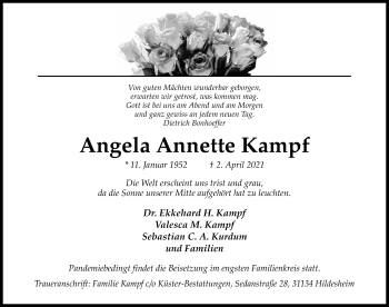 Traueranzeige von Angela Annette Kampf von Hildesheimer Allgemeine Zeitung