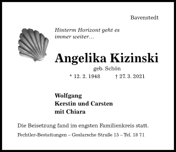 Traueranzeige von Angelika Kizinski von Hildesheimer Allgemeine Zeitung