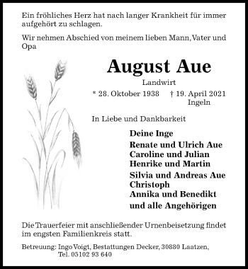 Traueranzeige von August Aue von Hildesheimer Allgemeine Zeitung