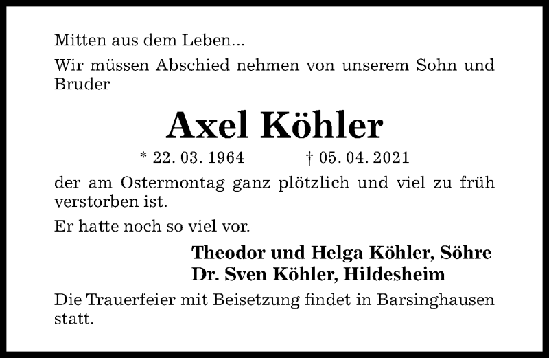  Traueranzeige für Axel Köhler vom 08.04.2021 aus Hildesheimer Allgemeine Zeitung
