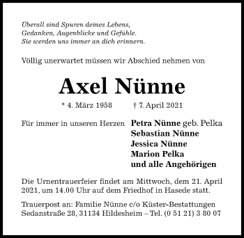 Traueranzeige von Axel Nünne von Hildesheimer Allgemeine Zeitung