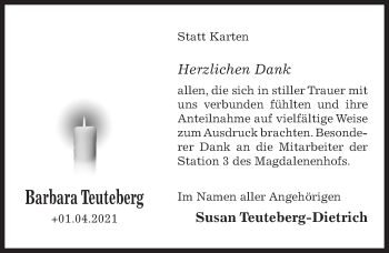 Traueranzeige von Barbara Teuteberg von Hildesheimer Allgemeine Zeitung