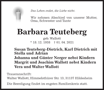 Traueranzeige von Barbara Teuteberg von Hildesheimer Allgemeine Zeitung