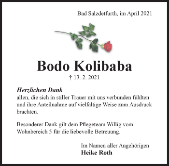 Traueranzeige von Bodo Kolibaba von Hildesheimer Allgemeine Zeitung