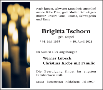 Traueranzeige von Brigitta Tschorn von Hildesheimer Allgemeine Zeitung