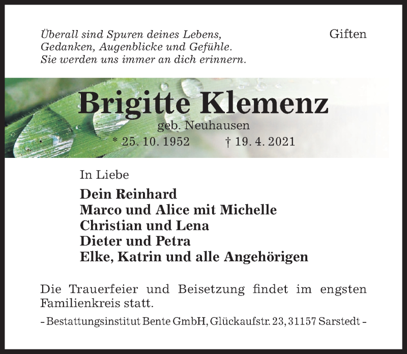  Traueranzeige für Brigitte Klemenz vom 21.04.2021 aus Hildesheimer Allgemeine Zeitung