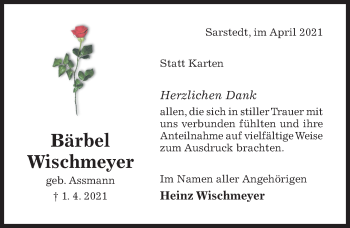 Traueranzeige von Bärbel Wischmeyer von Hildesheimer Allgemeine Zeitung
