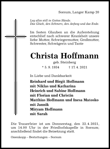 Traueranzeige von Christa Hoffmann von Hildesheimer Allgemeine Zeitung