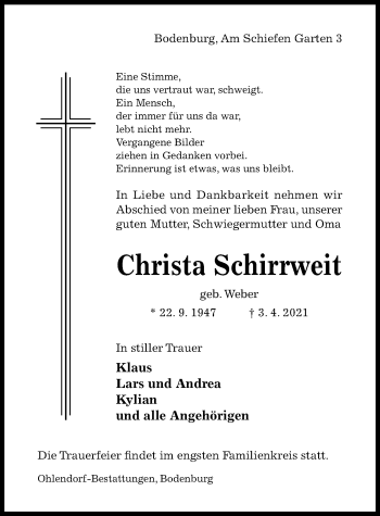 Traueranzeige von Christa Schirrweit von Hildesheimer Allgemeine Zeitung