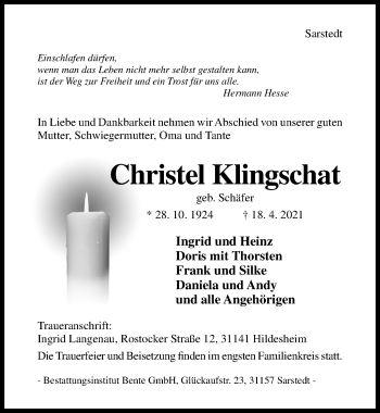 Traueranzeige von Christel Klingschat von Hildesheimer Allgemeine Zeitung