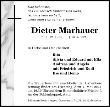 Traueranzeige von Dieter Marhauer von Hildesheimer Allgemeine Zeitung