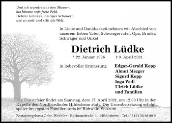 Traueranzeige von Dietrich Lüdke von Hildesheimer Allgemeine Zeitung