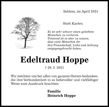 Traueranzeige von Edeltraud Hoppe von Hildesheimer Allgemeine Zeitung