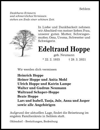 Traueranzeige von Edeltraud Hoppe von Hildesheimer Allgemeine Zeitung