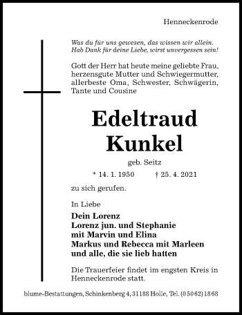 Traueranzeige von Edeltraud Kunkel von Hildesheimer Allgemeine Zeitung