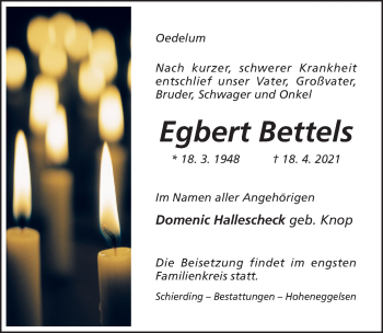 Traueranzeige von Egbert Bettels von Hildesheimer Allgemeine Zeitung