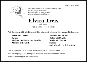 Traueranzeige von Elvira Treis von Hildesheimer Allgemeine Zeitung