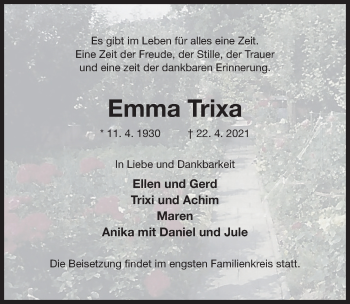 Traueranzeige von Emma Trixa von Hildesheimer Allgemeine Zeitung