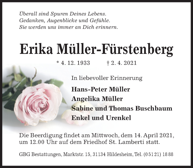 Traueranzeigen von Erika Müller-Fürstenberg | Trauerportal Hildesheimer ...