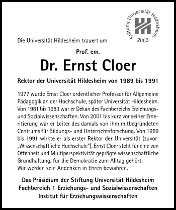 Traueranzeige von Ernst Cloer von Hildesheimer Allgemeine Zeitung