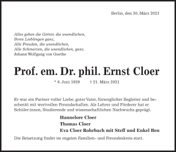 Traueranzeige von Ernst Cloer von Hildesheimer Allgemeine Zeitung