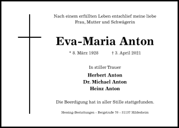 Traueranzeige von Eva-Maria Anton von Hildesheimer Allgemeine Zeitung