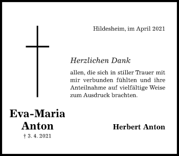 Traueranzeige von Eva-Maria Anton von Hildesheimer Allgemeine Zeitung