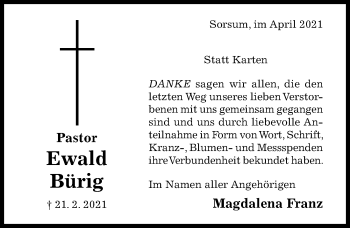 Traueranzeige von Ewald Bürig von Hildesheimer Allgemeine Zeitung