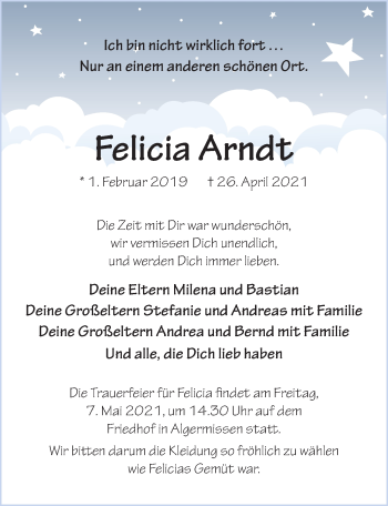 Traueranzeige von Felicia Arndt von Hildesheimer Allgemeine Zeitung