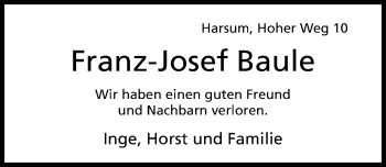 Traueranzeige von Franz-Josef Baule von Hildesheimer Allgemeine Zeitung