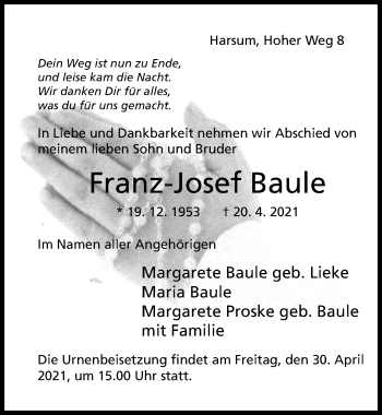 Traueranzeige von Franz-Josef Baule von Hildesheimer Allgemeine Zeitung