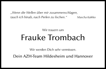 Traueranzeige von Frauke Trombach von Hildesheimer Allgemeine Zeitung