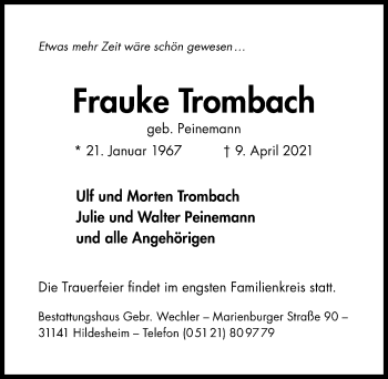 Traueranzeige von Frauke Trombach von Hildesheimer Allgemeine Zeitung