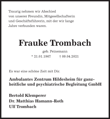 Traueranzeige von Frauke Trombach von Hildesheimer Allgemeine Zeitung