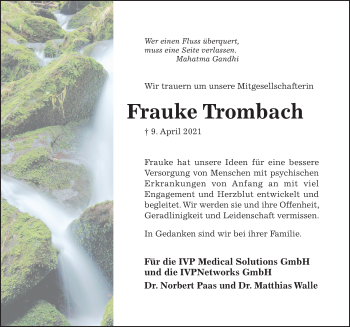 Traueranzeige von Frauke Trombach von Hildesheimer Allgemeine Zeitung