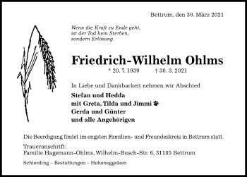 Traueranzeige von Friedrich-Wilhelm Ohlms von Hildesheimer Allgemeine Zeitung