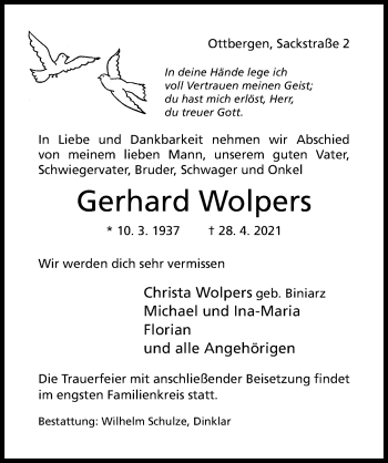 Traueranzeige von Gerhard Wolpers von Hildesheimer Allgemeine Zeitung