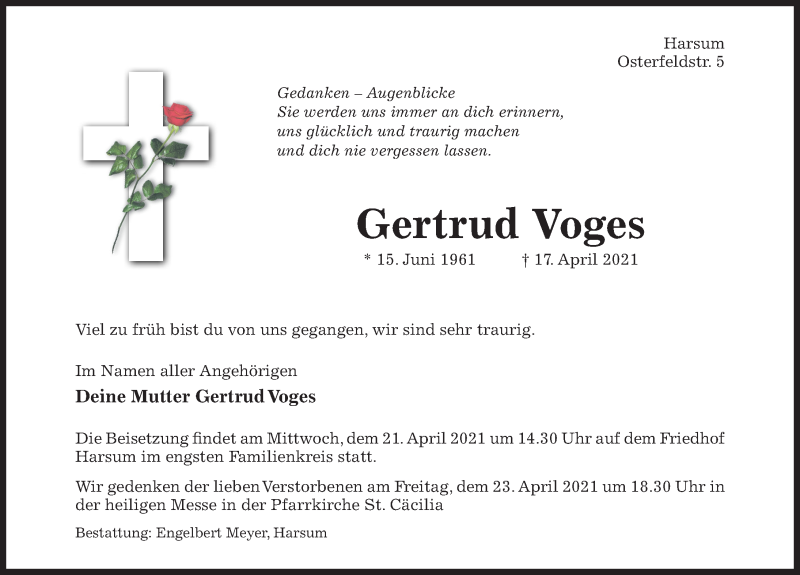  Traueranzeige für Gertrud Voges vom 20.04.2021 aus Hildesheimer Allgemeine Zeitung