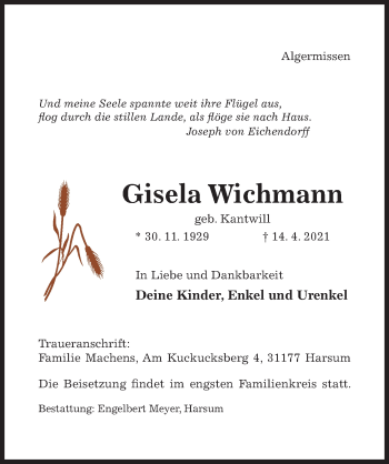 Traueranzeige von Gisela Wichmann von Hildesheimer Allgemeine Zeitung