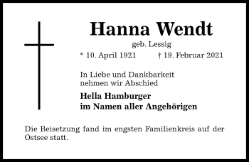 Traueranzeige von Hanna Wendt von Hildesheimer Allgemeine Zeitung