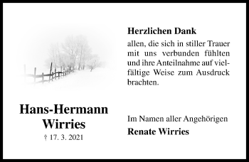 Traueranzeige von Hans-Hermann Wirries von Hildesheimer Allgemeine Zeitung