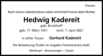 Traueranzeige von Hedwig Kadereit von Hildesheimer Allgemeine Zeitung