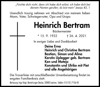 Traueranzeige von Heinrich Bertram von Hildesheimer Allgemeine Zeitung