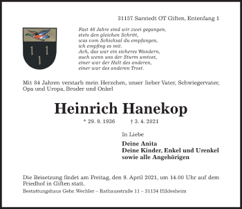 Traueranzeige von Heinrich Hanekop von Hildesheimer Allgemeine Zeitung