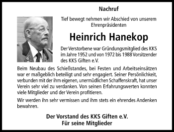 Traueranzeige von Heinrich Hanekop von Hildesheimer Allgemeine Zeitung