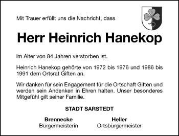 Traueranzeige von Heinrich Hanekop von Hildesheimer Allgemeine Zeitung