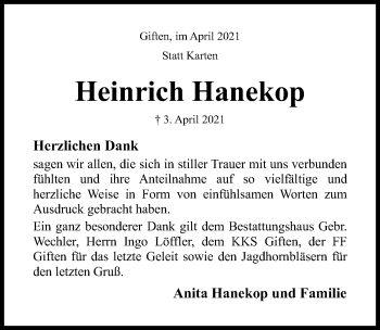 Traueranzeige von Heinrich Hanekop von Hildesheimer Allgemeine Zeitung