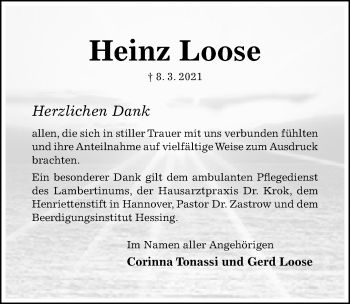 Traueranzeige von Heinz Loose von Hildesheimer Allgemeine Zeitung
