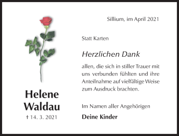 Traueranzeige von Helene Waldau von Hildesheimer Allgemeine Zeitung